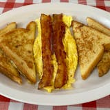 Two French Toast, Two Eggs, Two Slices Bacon Breakfast